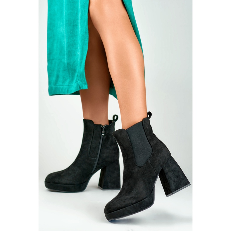 Women's suede black boots on a high heel beige 2