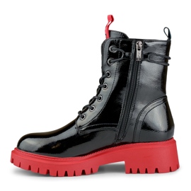 Lacquered women's black work boots with a red sole 1