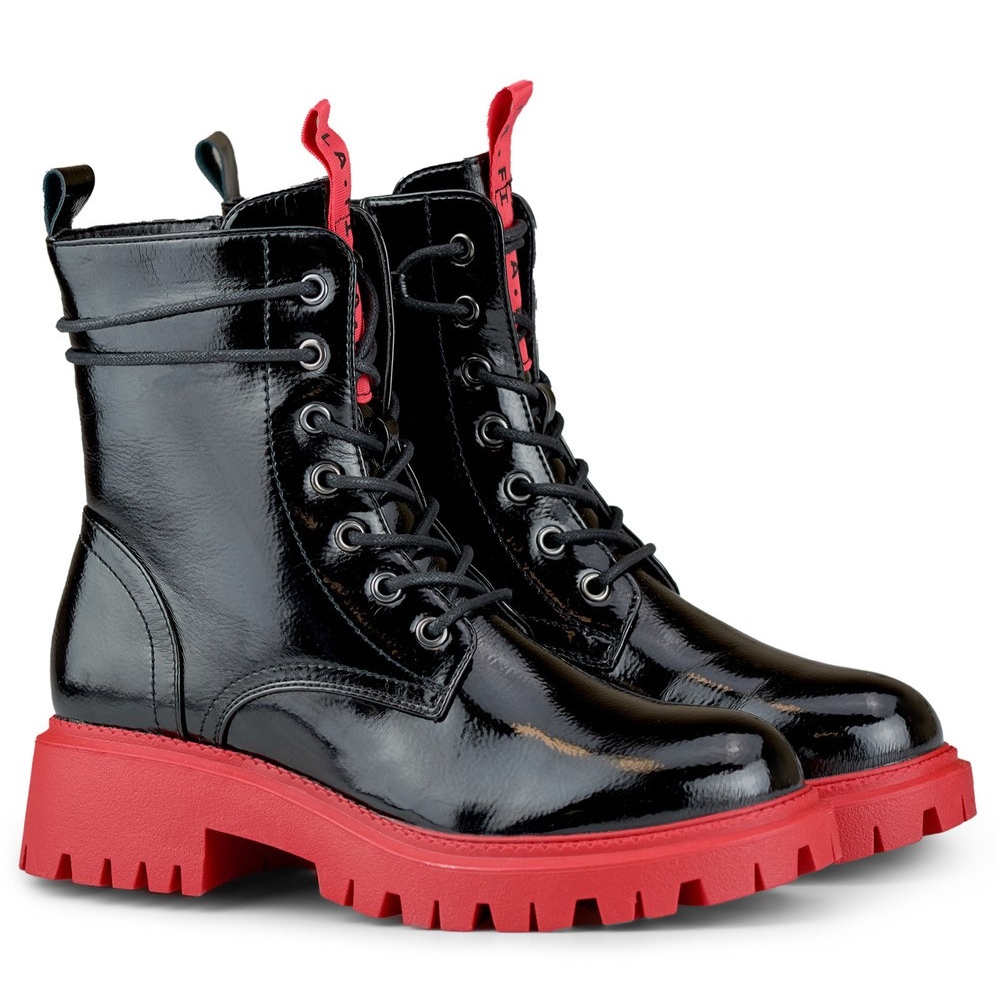 Lacquered women's black work boots with a red sole - KeeShoes