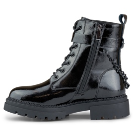 Women's black lacquered worker boots with a detachable chain 1