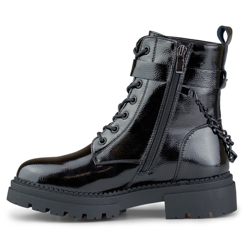 Women's black lacquered worker boots with a detachable chain 1