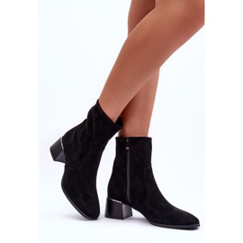 Suede Openwork High Heel Boots Black Pearls 2