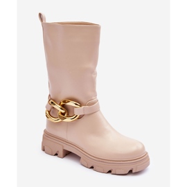 Leather Flat Heel Boots Beige Diominna 1