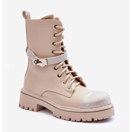 Women's Leather Embellished Worker Boots Beige Totah 1