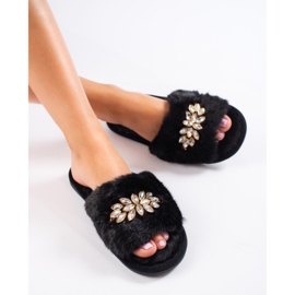 Black slippers with fur and crystals from Shelovet 1
