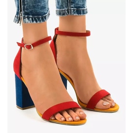 Red and navy blue sandals on a post with a buckle 0280-135 1