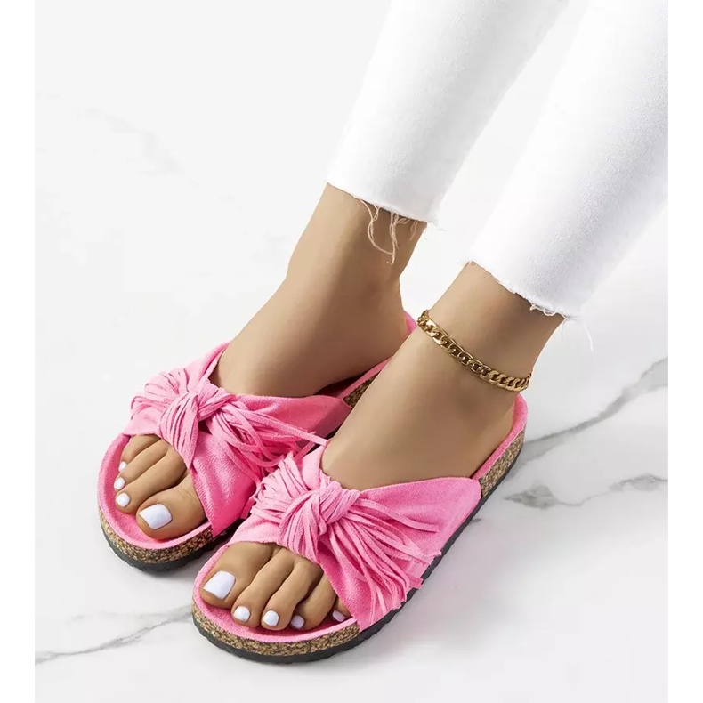 Laderies fringed pink neon slippers 1