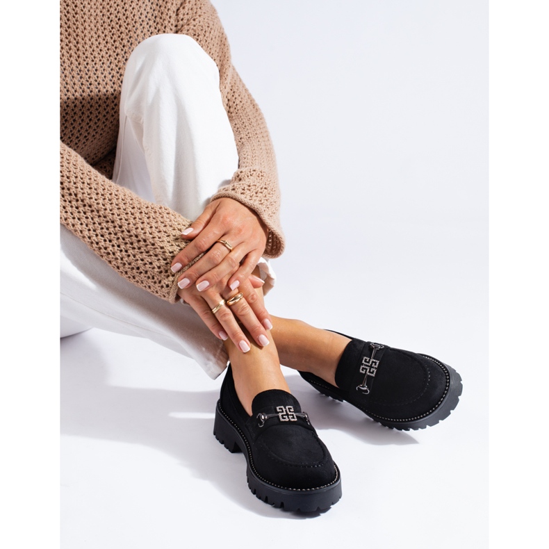 Women's suede moccasins on a thick Shelovet sole black 1