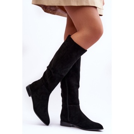 Suede Flat Heel Boots Black Eelin 2