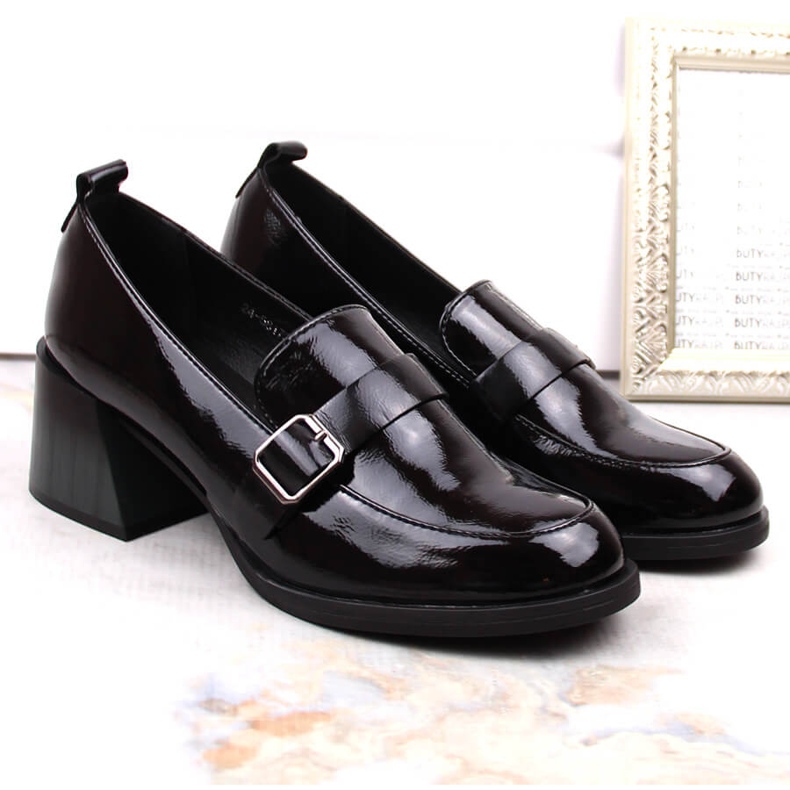 Black lacquered women's shoes with decorative heels Vinceza 58173 2