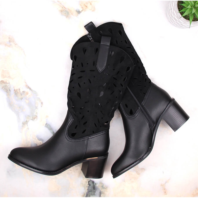 M. DASZYŃSKI Women's warm openwork cowboy boots black M.Daszyński MR2337-3 1
