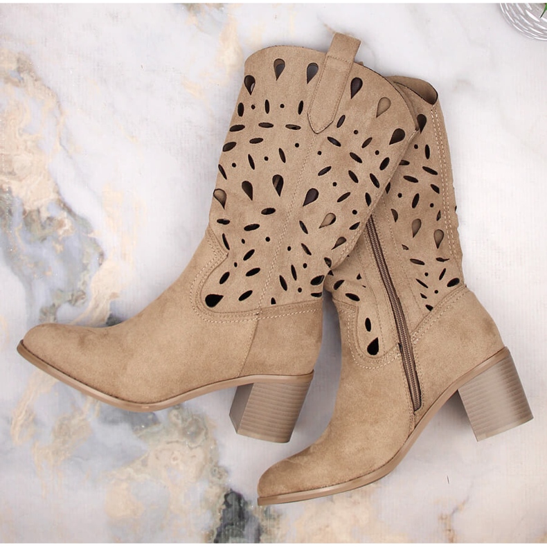 M. DASZYŃSKI Women's warm openwork cowboy boots beige M.Daszyński MR2337-3 1