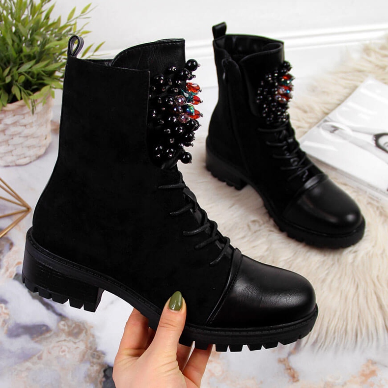 Women's insulated worker boots with beads, black Jezzi RMR2071-15 2