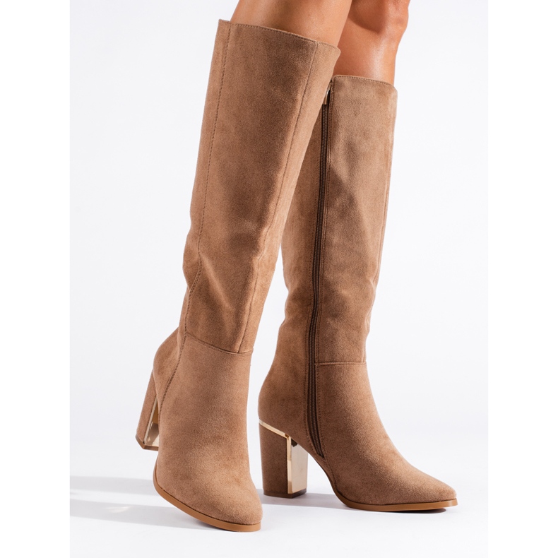 Brown elegant suede high-heeled boots from Shelovet beige 1
