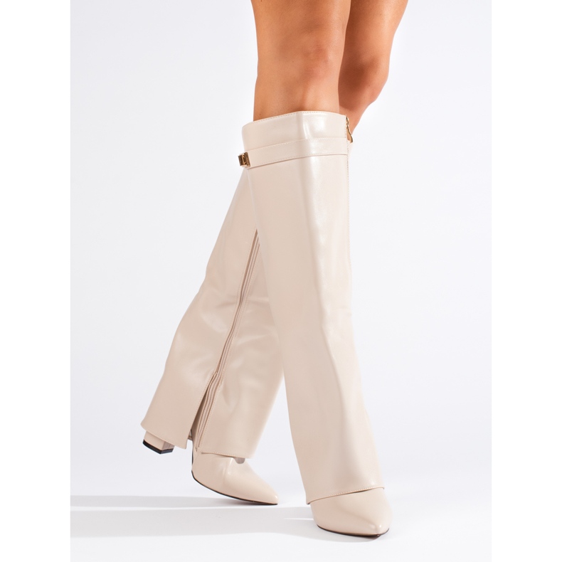 Cream high-heeled boots with a rolled shank from Shelovet beige 1