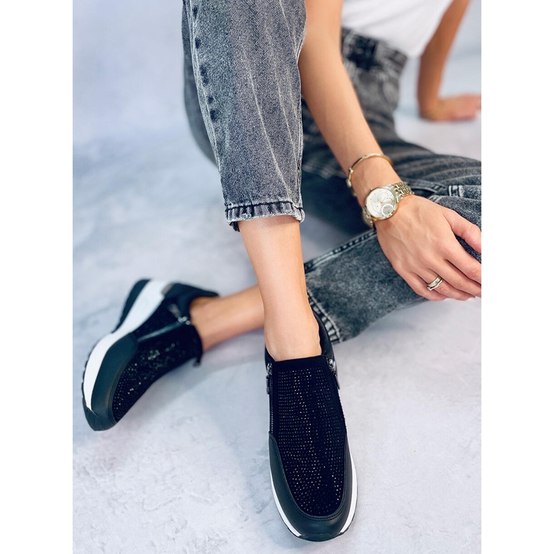 Women's shiny black wedge sports sneakers 4