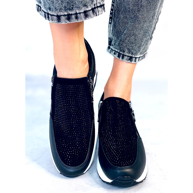 Women's shiny black wedge sports sneakers 1