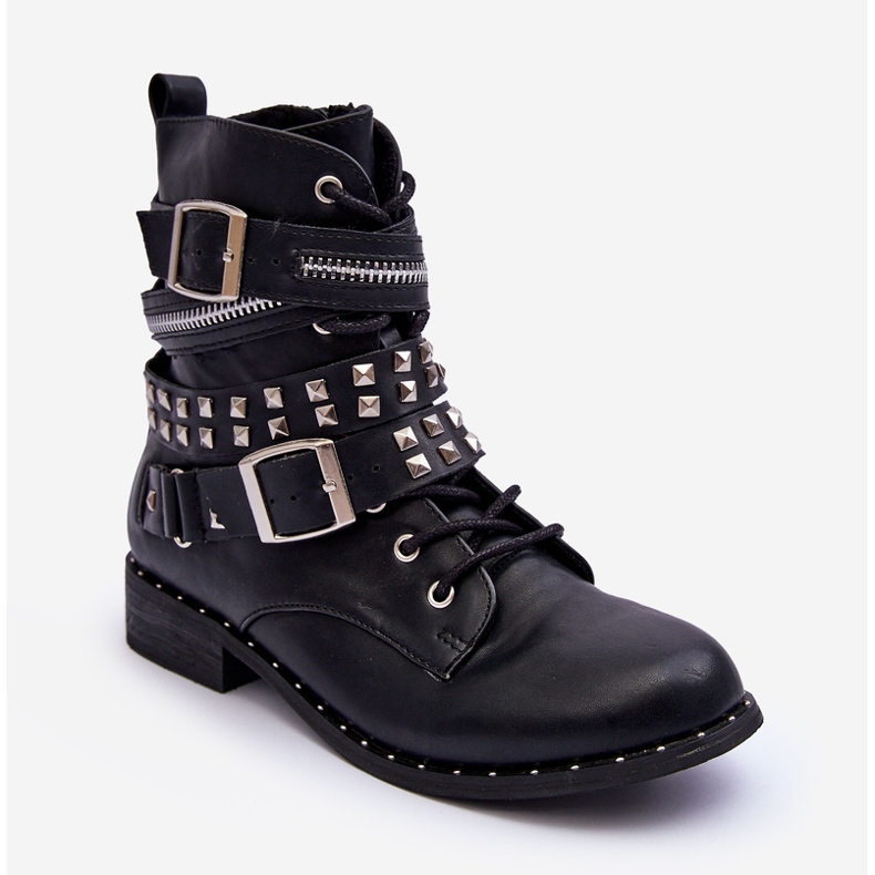 LU BOO Children's Ankle Boots With Studs, Zipper, and Buckles, Black 1