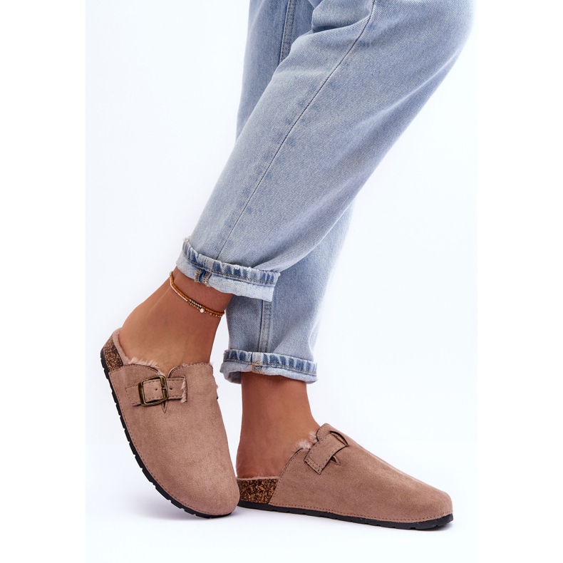 Beige Women's Suede Flip-Flops With Fur Haidamia 2