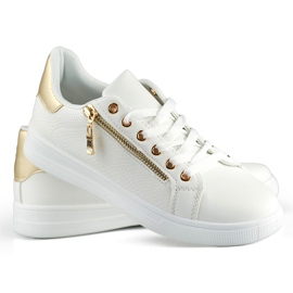 White sports shoes with a gold zipper 2