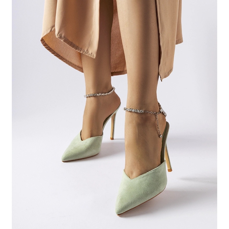 Green claude high-heeled flip-flops with rhinestones 1