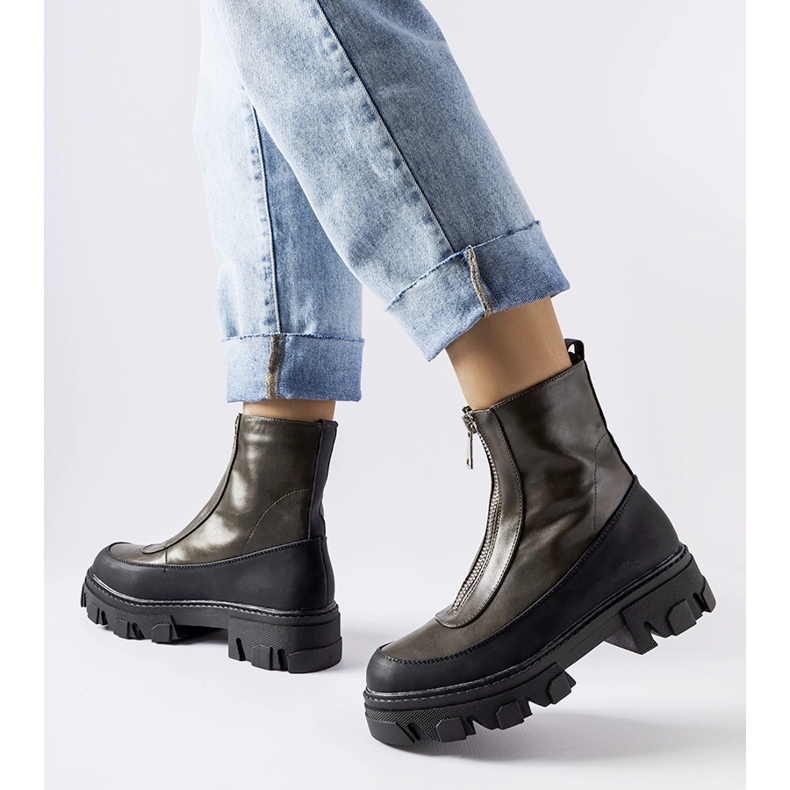 Dark green massive ankle boots with a Morley zipper 1