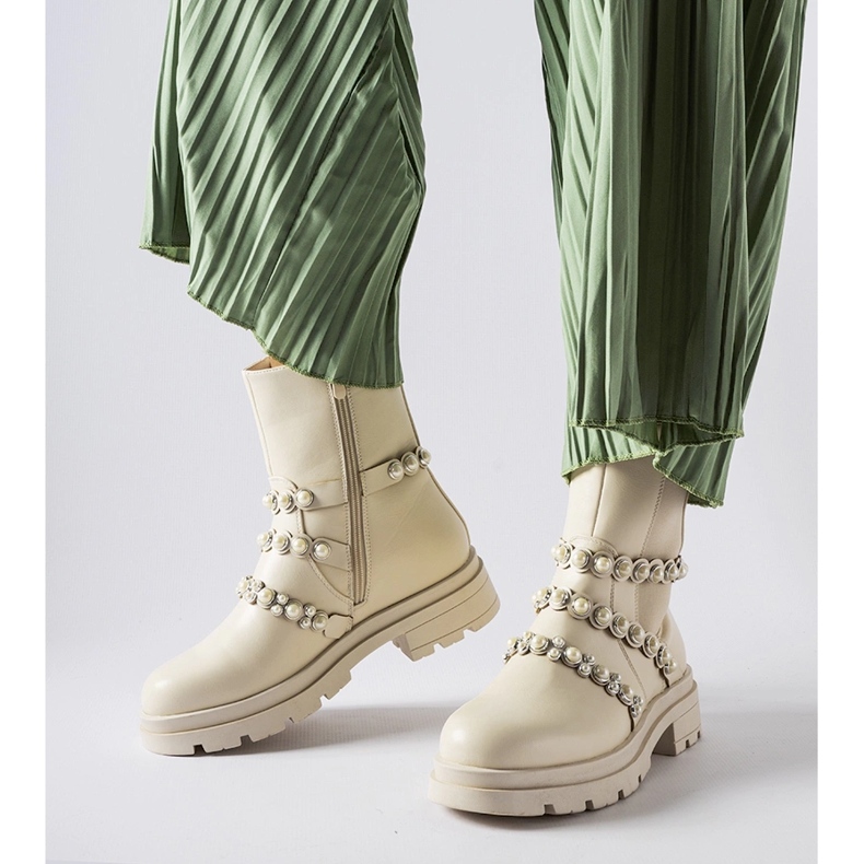 Beige ankle boots decorated with Callicratide pearls 1 Beige ankle boots decorated with Callicratide pearls 1