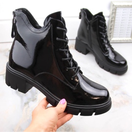 Women's patent leather boots with a heel and a platform, insulated black Vinceza 16438 1