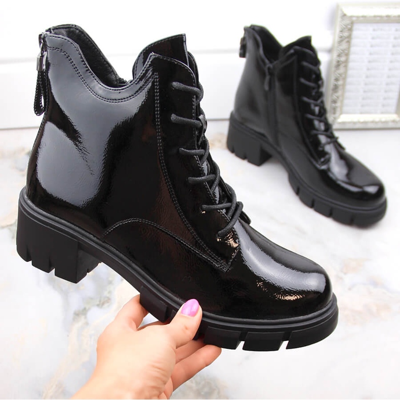 Women's patent leather boots with a heel and a platform, insulated black Vinceza 16438 1