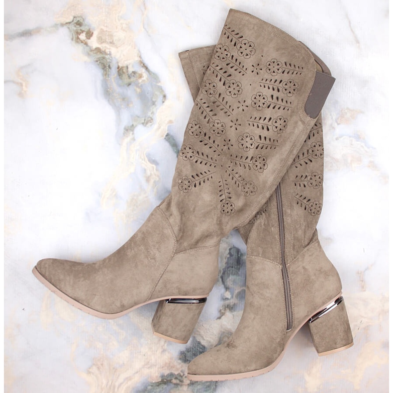 Beige suede women's openwork boots Vinceza 16443 1