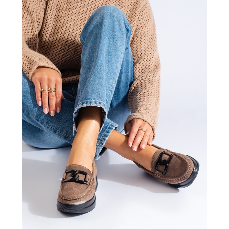 Beige suede women's moccasins with a Shelovet buckle 1