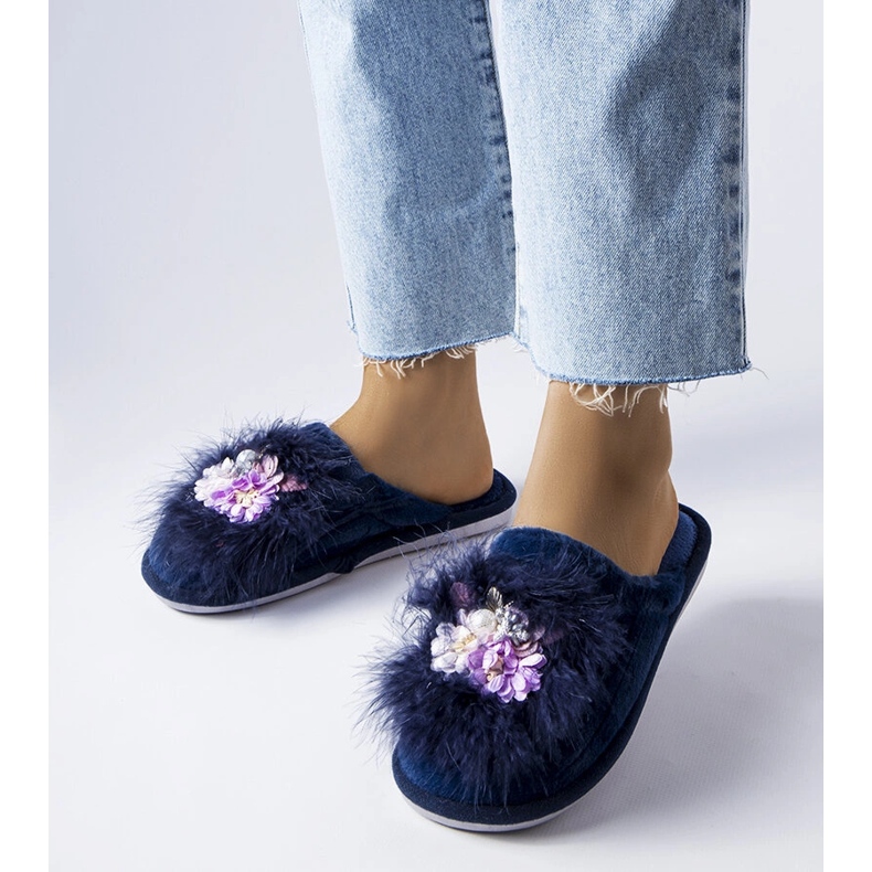 Navy blue warm slippers with Moly flowers 1 Navy blue warm slippers with Moly flowers 1