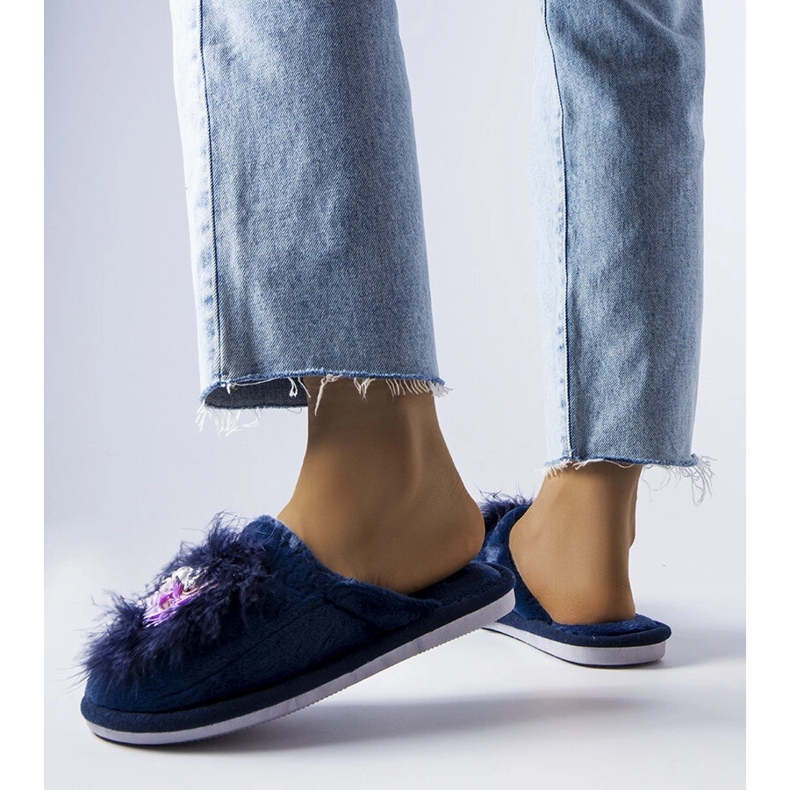 Navy blue warm slippers with Moly flowers 2
