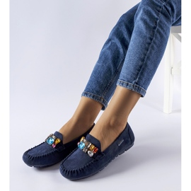 Navy blue moccasins decorated with Fusco trinkets 1