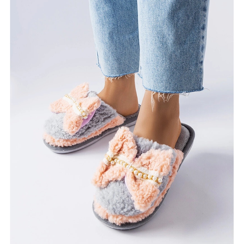 Gray and pink slippers with a bow grey 1 Gray and pink slippers with a bow grey 1