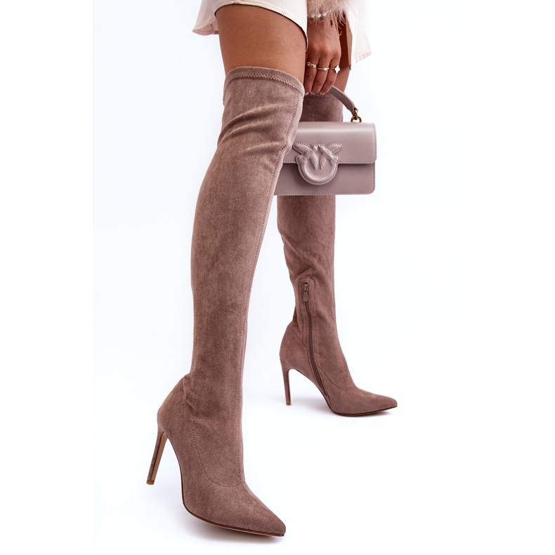 Beige Calfi suede over-the-knee boots with a high heel 2