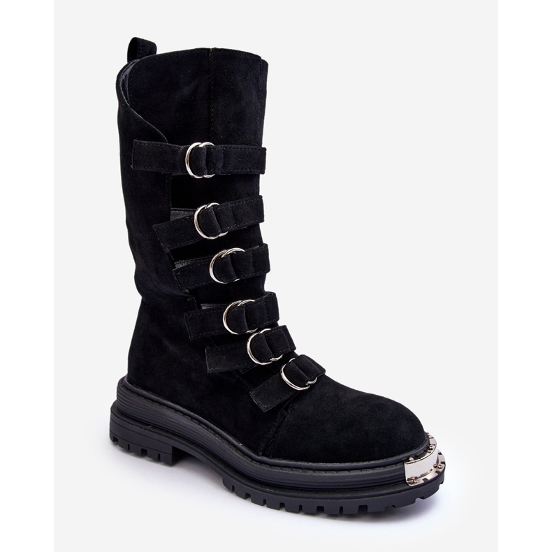 Suede High Worker Ankle Boots With Straps Black Elnatea 2