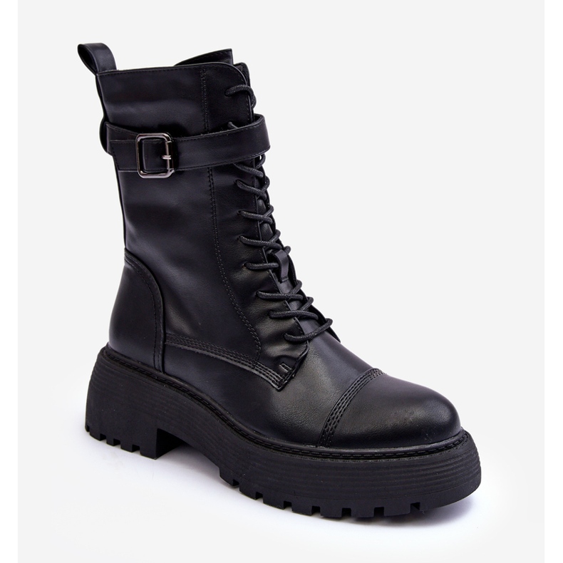 Leather Worker Boots on a Flat Heel with a Buckle, Black Samivlo 1