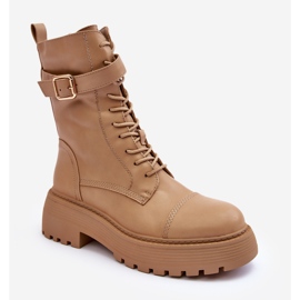 Leather Worker Boots on a Flat Heel with a Buckle, Beige Samivlo 2