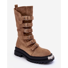 Suede High Worker Ankle Boots With Beige Straps Elnatea 1