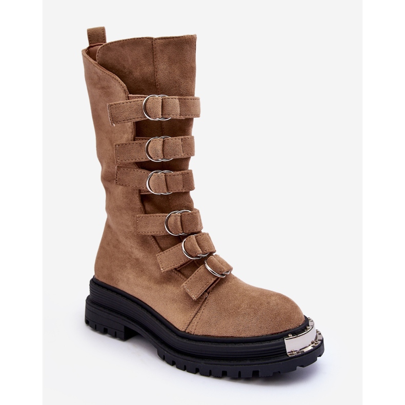 Suede High Worker Ankle Boots With Beige Straps Elnatea 1