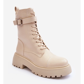 Leather Worker Ankle Boots On A Flat Heel With A Buckle Light Beige Samivlo 1