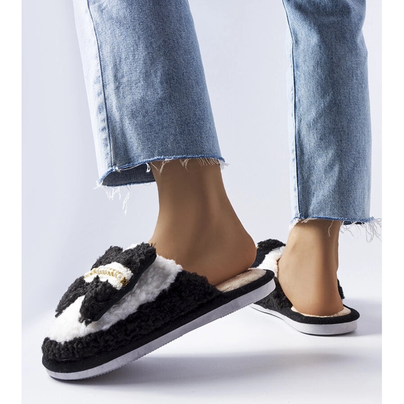 Black and white slippers with a bow 2