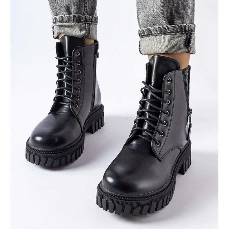Black lace-up ankle boots with Latsch rhinestones 1