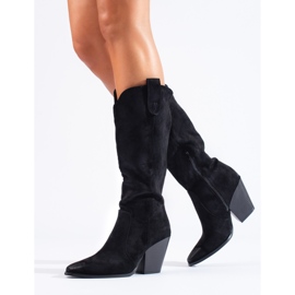 Shelovet women's black suede high-heeled cowboy boots 1