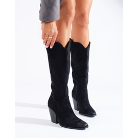Shelovet women's black suede high-heeled cowboy boots 2