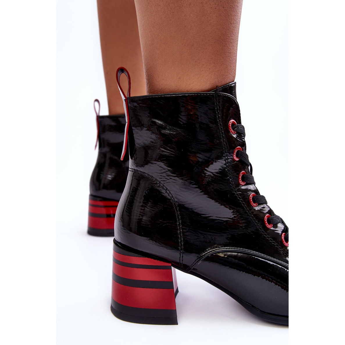 Lacquered women's black work boots with a red sole - KeeShoes