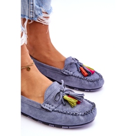 Blue suede moccasins with a bow and fringe 3