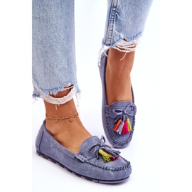 Blue suede moccasins with a bow and fringe 2