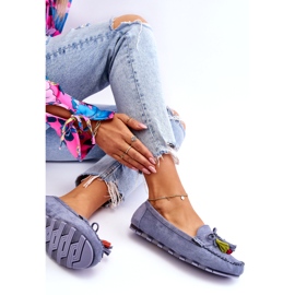 Blue suede moccasins with a bow and fringe 4